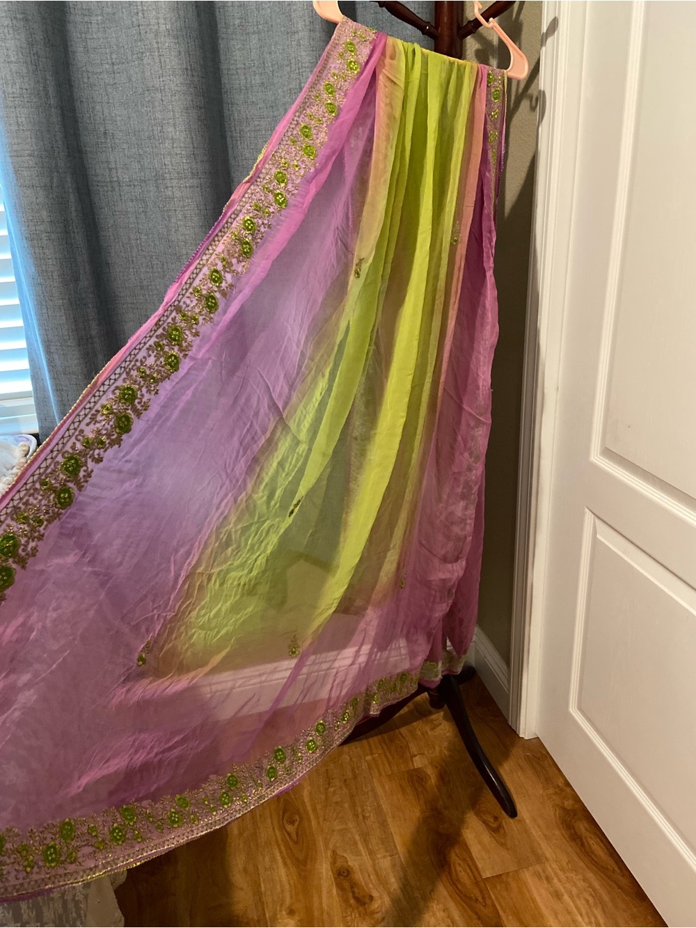 Indian Women's Sheer Pink and Lime Green Scarf Dupatta Wrap Shawl Embroidered